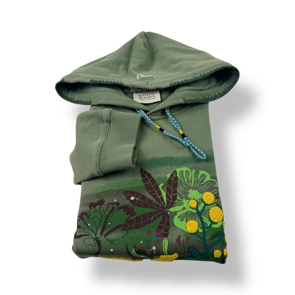 Scotch Soda Amsterdam Men's Green Floral Graphic Hoodie Sweatshirt Size Large